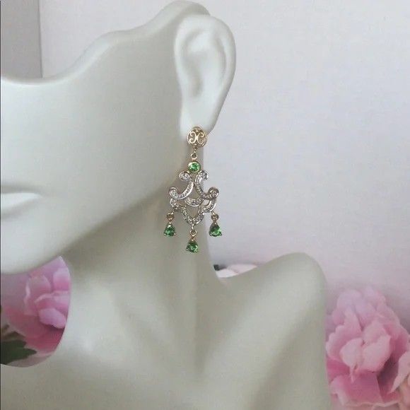 14k, Rare Tsavorite Green Garnet Chandelier Earrings.